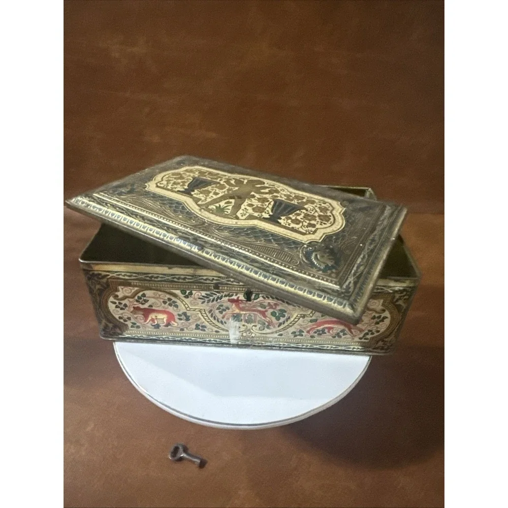 Antique metal/tin box from candy/biscuits?-Early 1900's-Made in England w-key